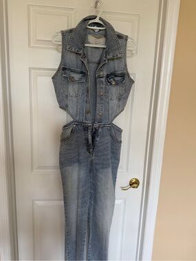 Forever 21 Light Blue Denim Distressed Jumpsuit with Side cutouts - straight leg